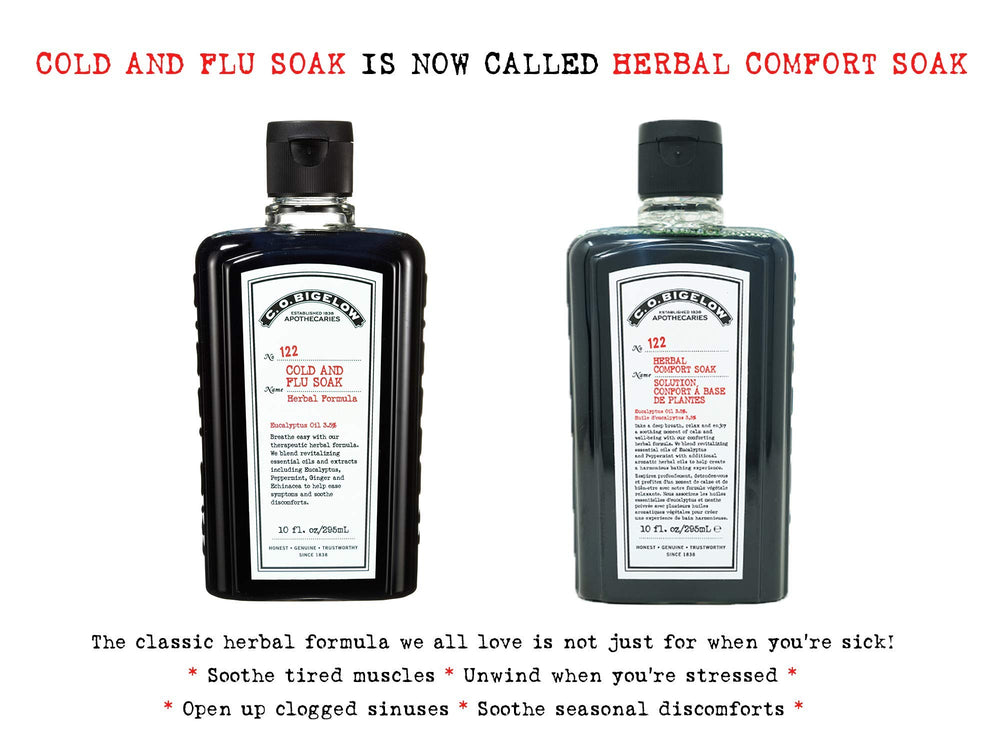 C.O. Bigelow Herbal Comfort Soak label highlights clean formula and essential oils