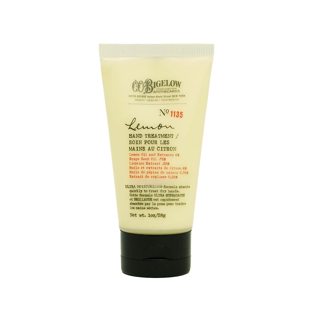 C.O. Bigelow Lemon Hand Treatment bottle close-up highlights fast-absorbing lemon lotion