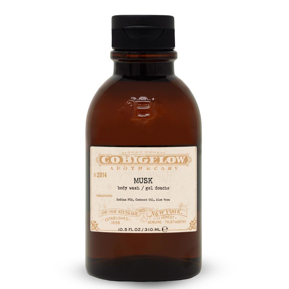 C.O. Bigelow Musk Body Wash bottle highlighting moisturizing formula for daily hydration
