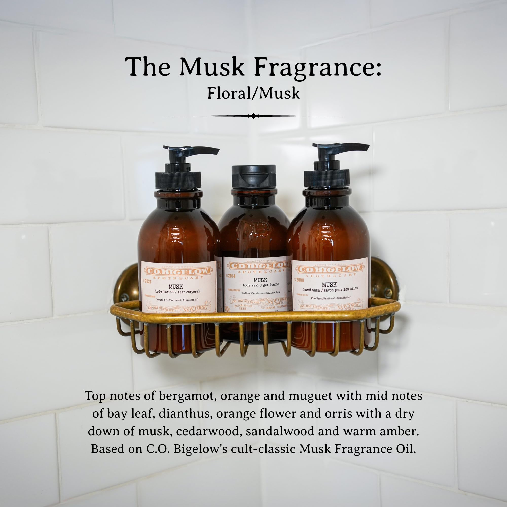 C.O. Bigelow Musk Body Wash highlights natural ingredients like coconut oil and aloe