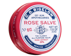 C. O. Bigelow Rose Salve jar with petals, soothing rough patches.