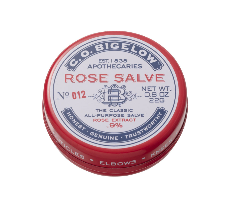 C. O. Bigelow Rose Salve tin close-up, ideal for nourishing lips and dry skin.