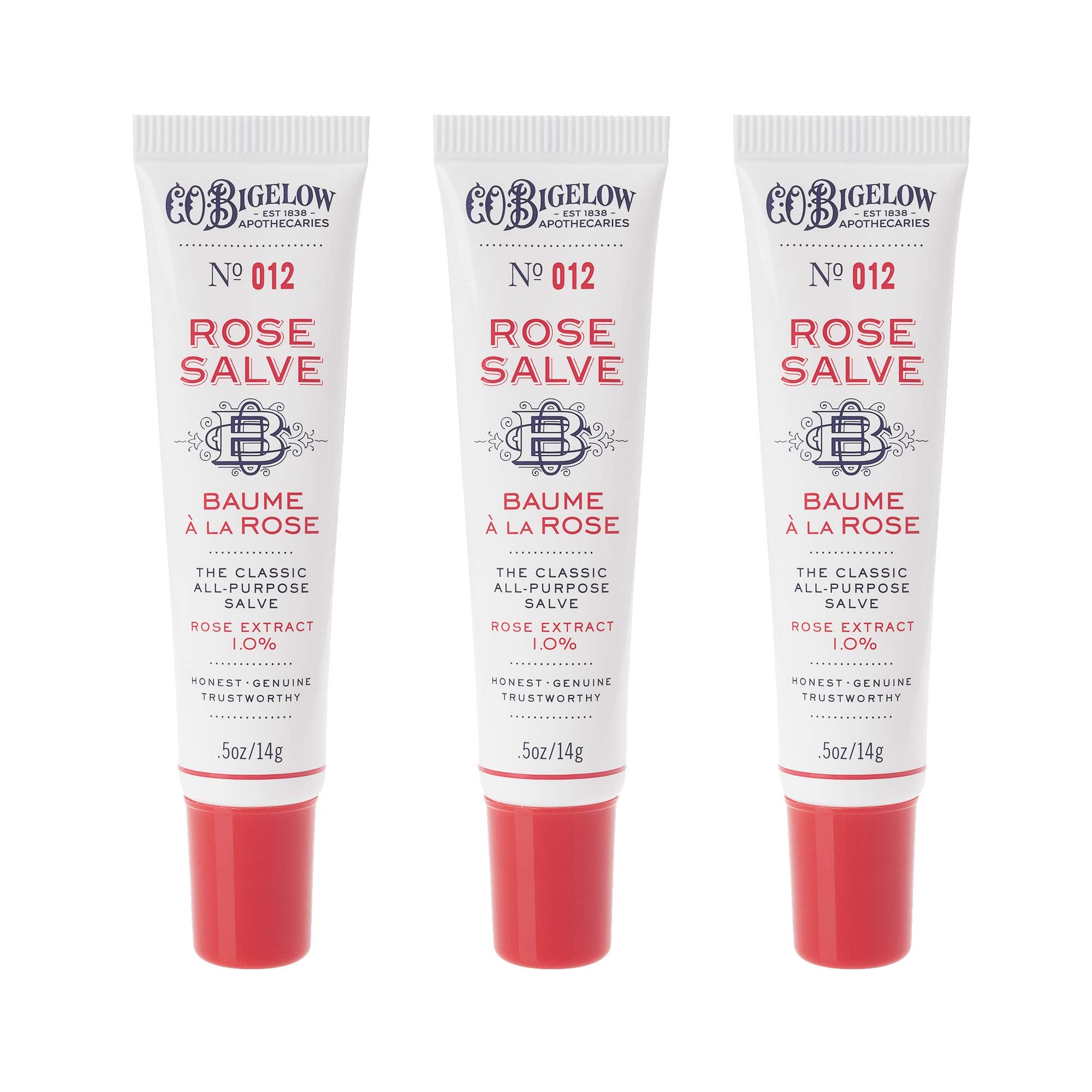 C.O. Bigelow Rose Salve tube on lips provides gentle hydration