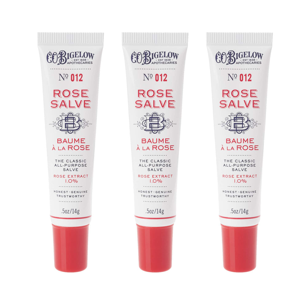 C.O. Bigelow Rose Salve tube on lips provides gentle hydration