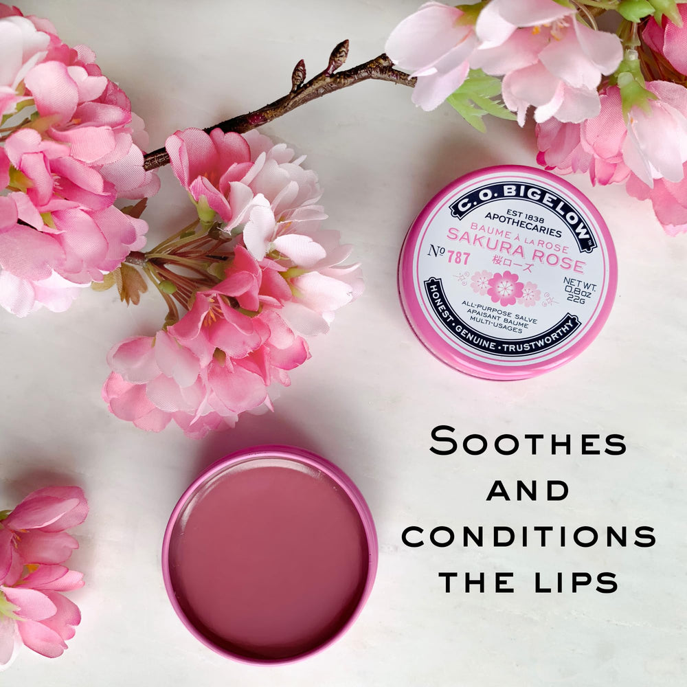 C.O. Bigelow Sakura Rose Salve Tin at desk provides quick moisture during work.