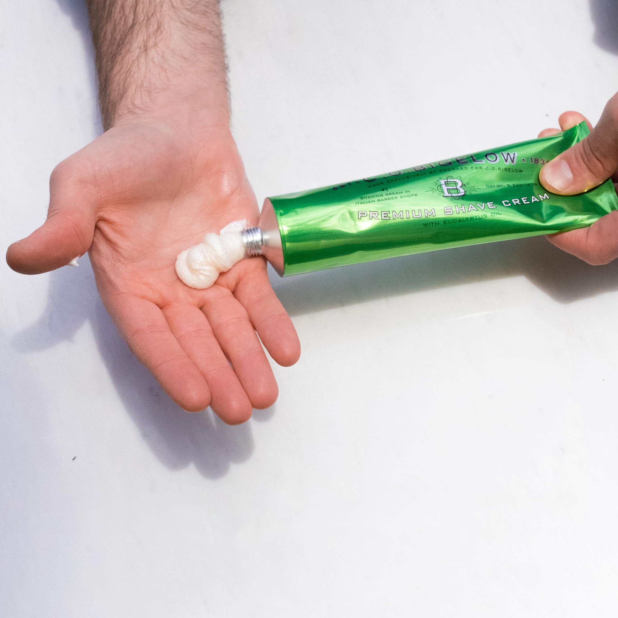 C.O. Bigelow shaving cream on face demonstrates smooth application.
