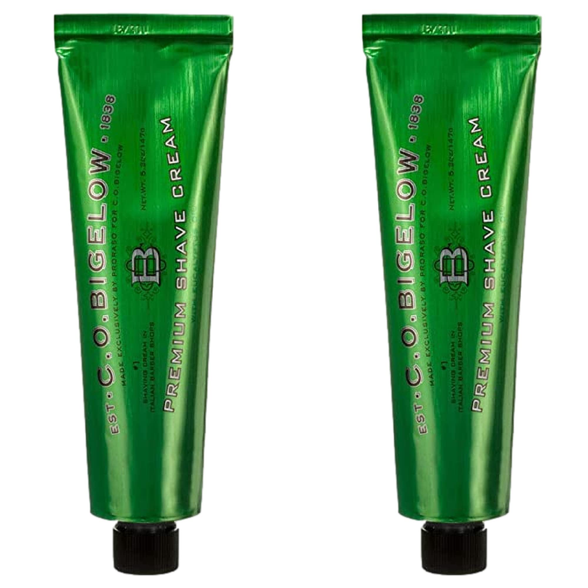 C. O. Bigelow shaving cream bottle in a two-pack for a smooth, conditioning shave.