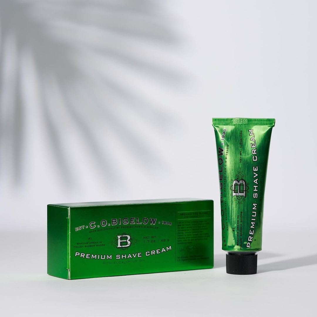 C.O. Bigelow shaving cream packaging shown for premium, gift-ready presentation.
