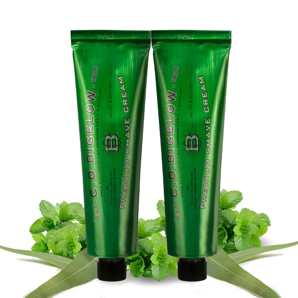 C. O. Bigelow rich-lather foam demonstrates thick, glide-friendly cream for close shaves.