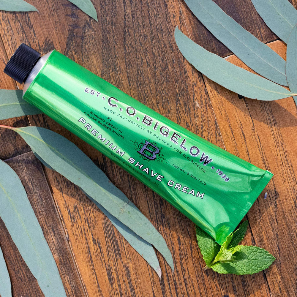 C.O. Bigelow Shaving Cream rich lather delivers cushioned shave and irritation reduction.