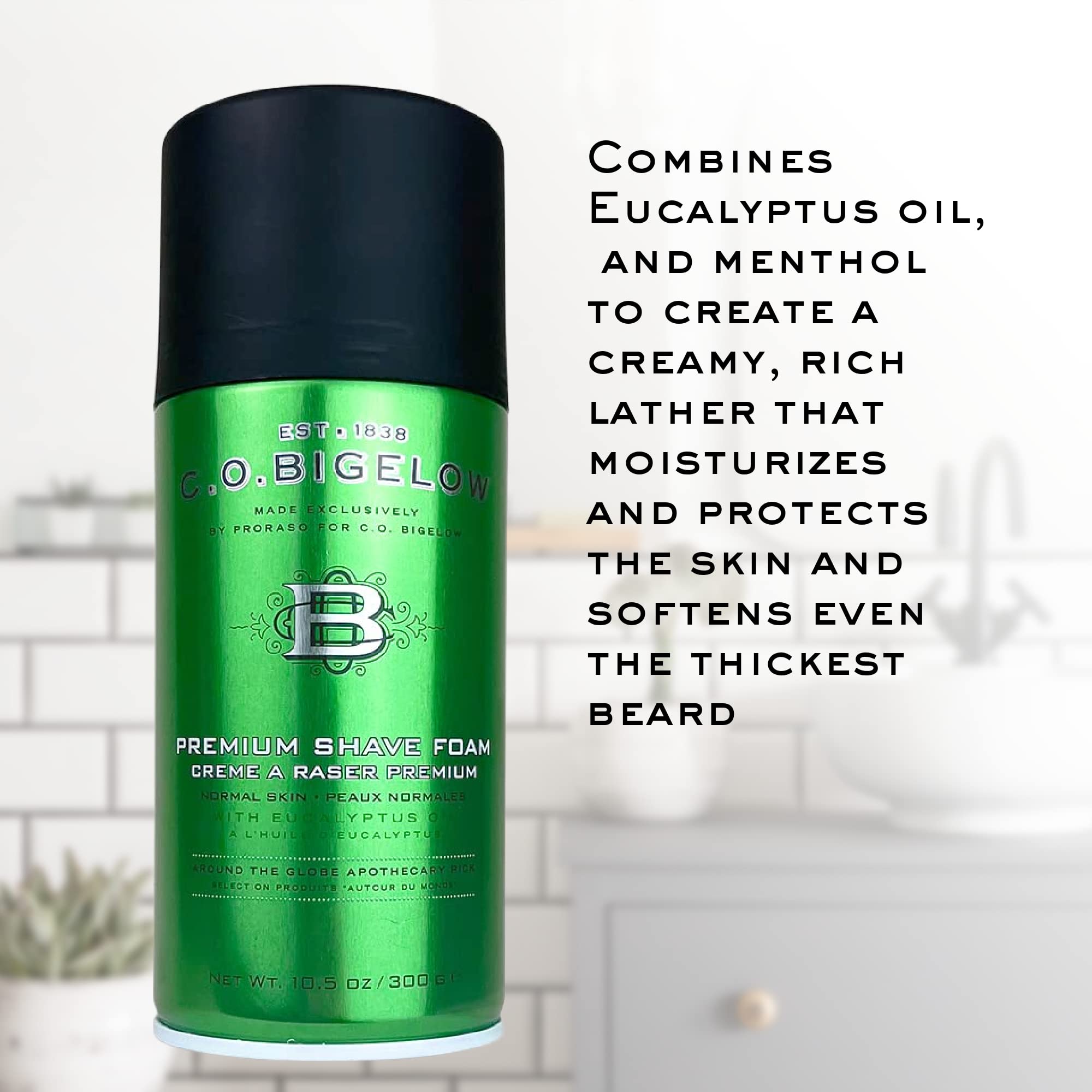 C.O. Bigelow Shaving Foam all-skin-types showcases versatile formula for face and body shaving.