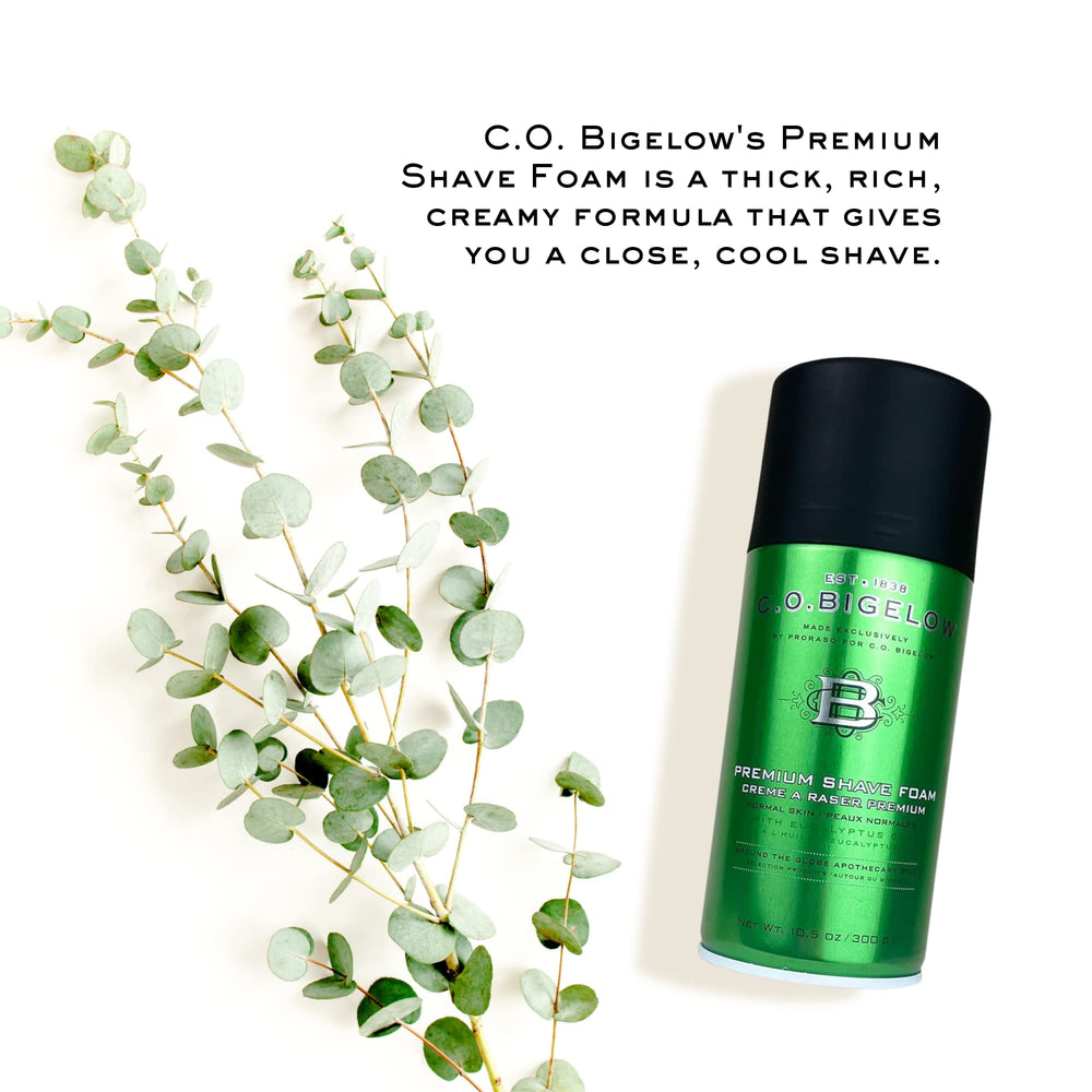 C.O. Bigelow Shaving Foam with eucalyptus-oil highlights refreshing scent during shaving.