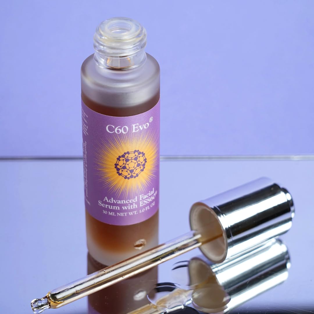 C60 Evo Advanced Facial Serum scene suggests a simple daily routine