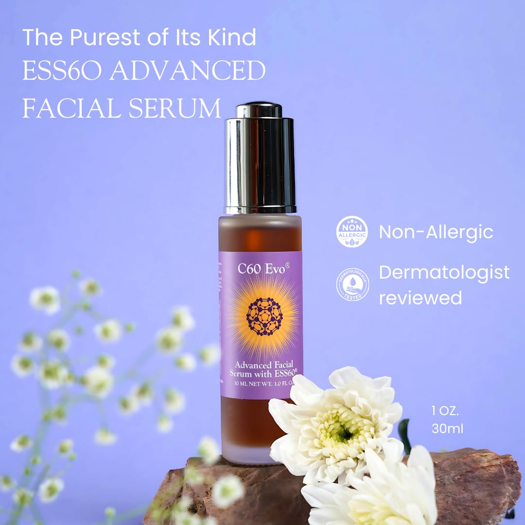 C60 Evo Advanced Facial Serum ingredients panel highlights vegan formula