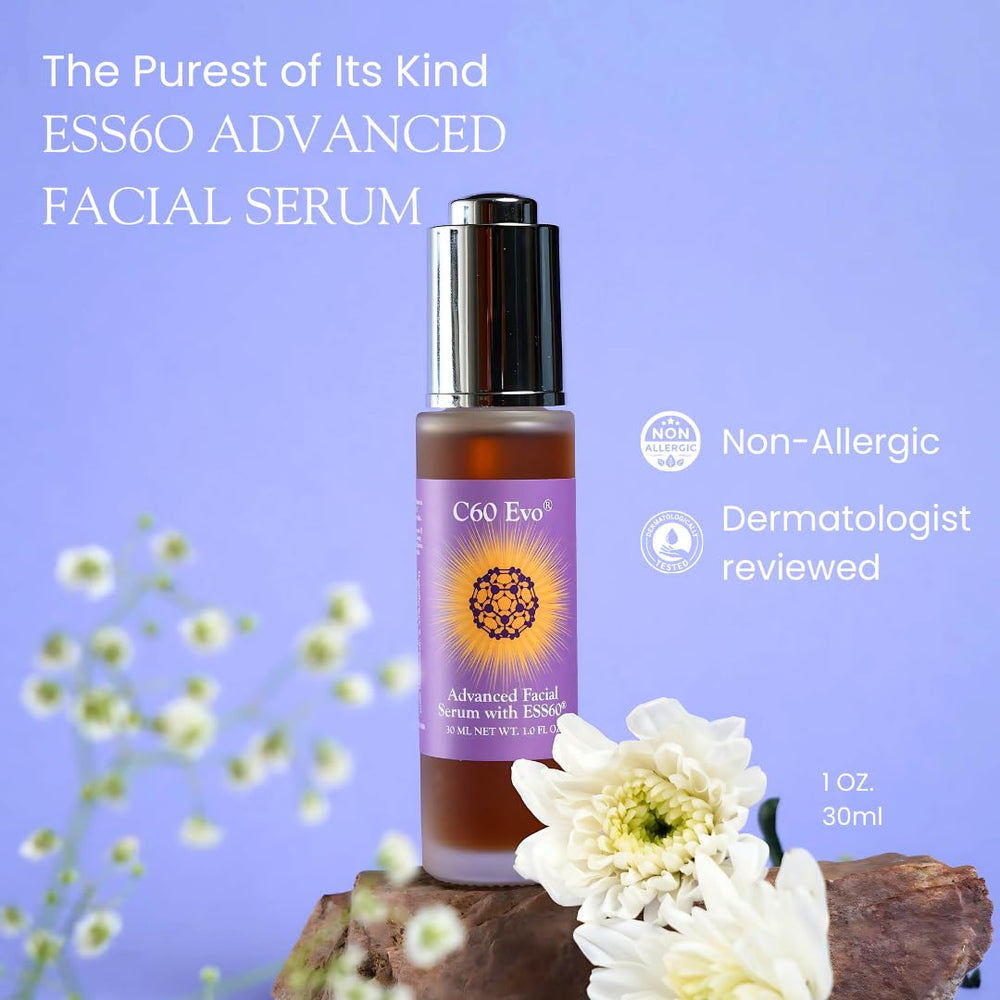 C60 Evo Advanced Facial Serum ingredients panel highlights vegan formula