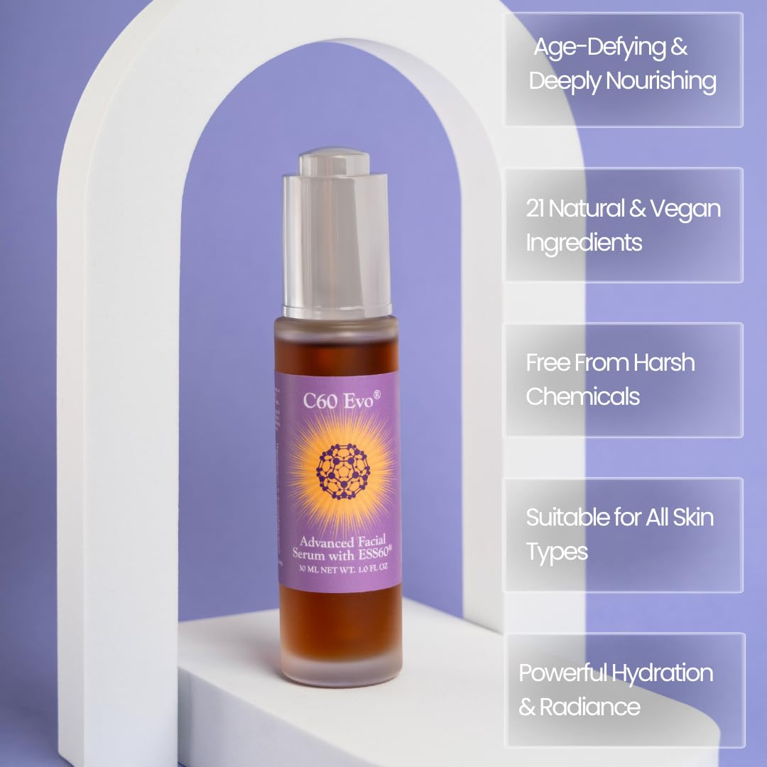 Droplets of C60 Evo Advanced Facial Serum on the hand provide hydration