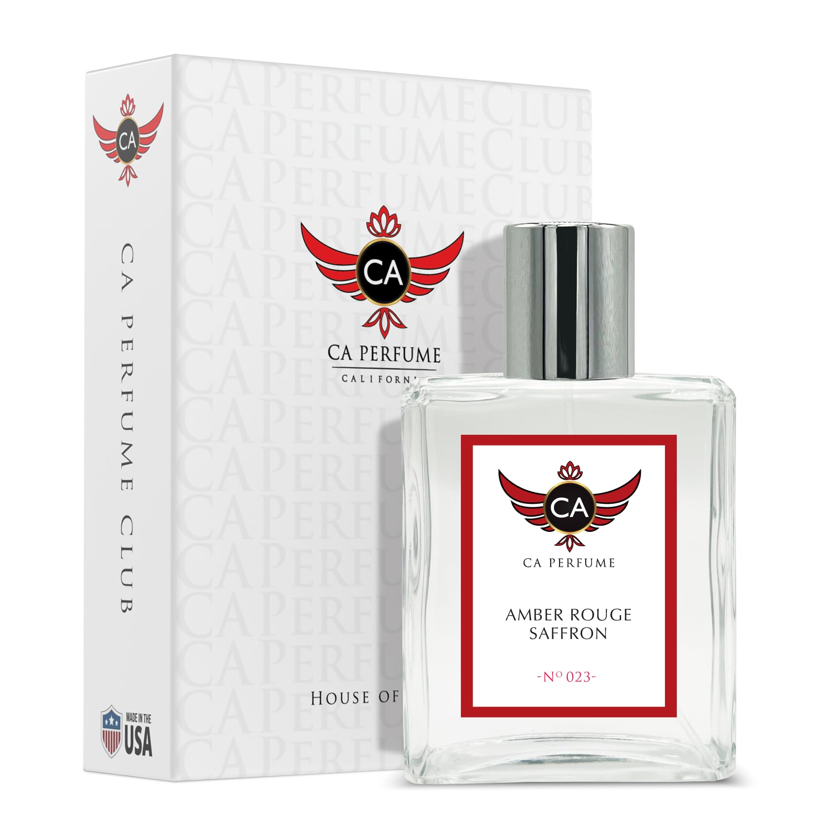 CA Perfume Amber Rouge Saffron bottle front view, highlighting unisex elegance and lasting appeal.