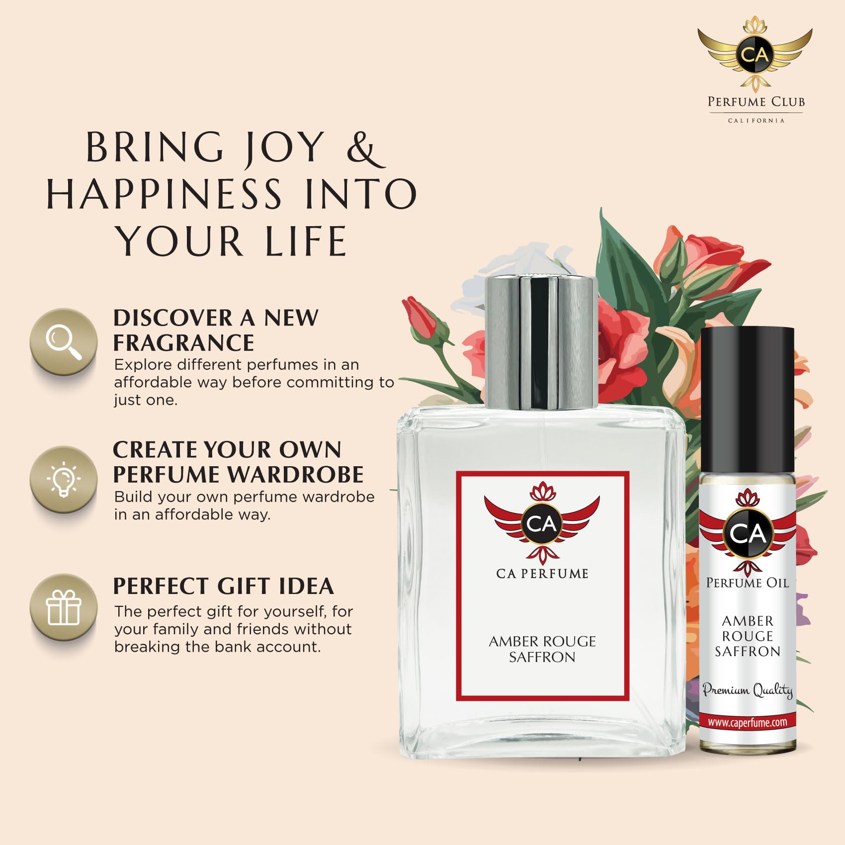 CA Perfume Amber Rouge Saffron elegant packaging signals refined luxury.