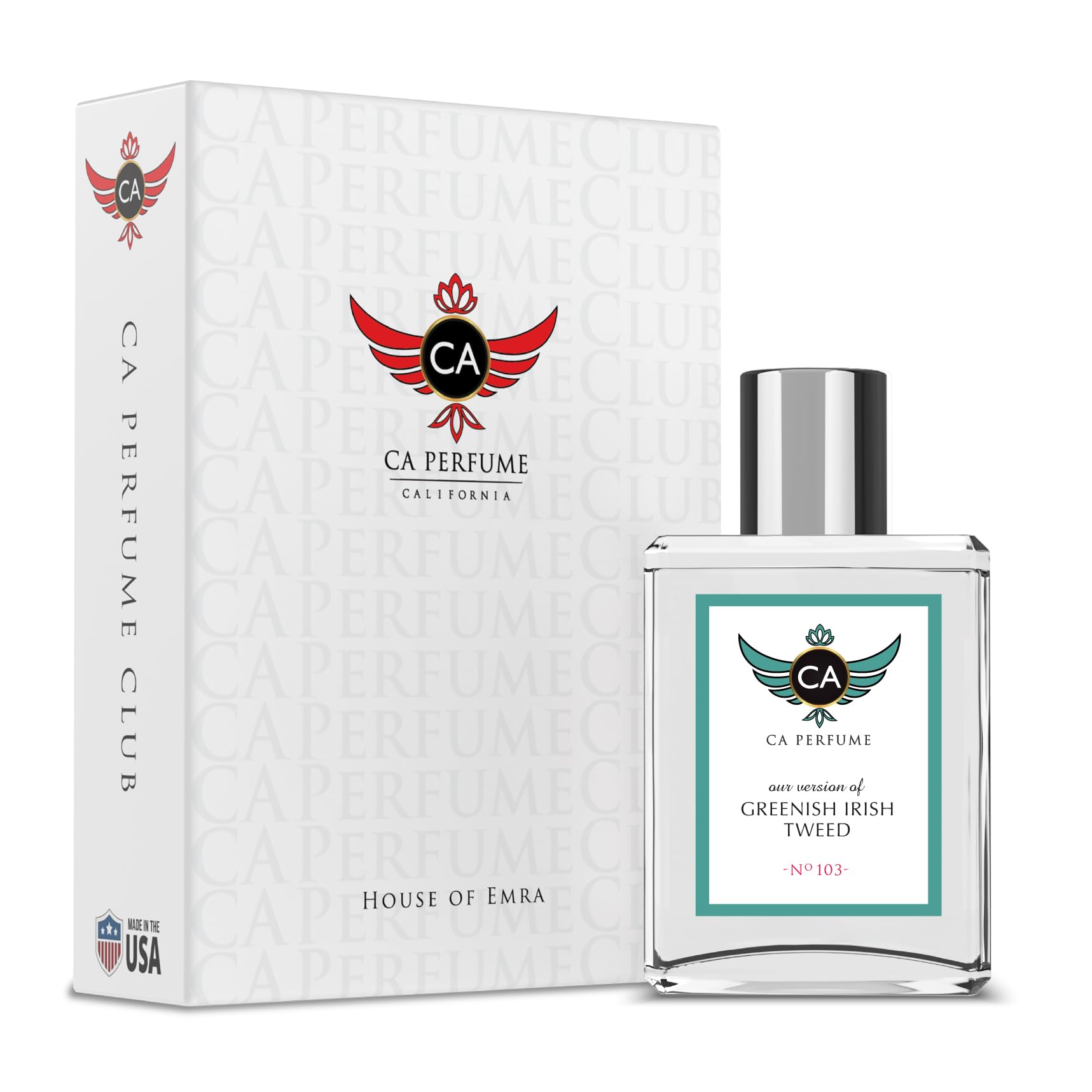 CA Perfume Impression Greenish Irish Tweed bottle showing long-lasting woody floral musk for daily wear