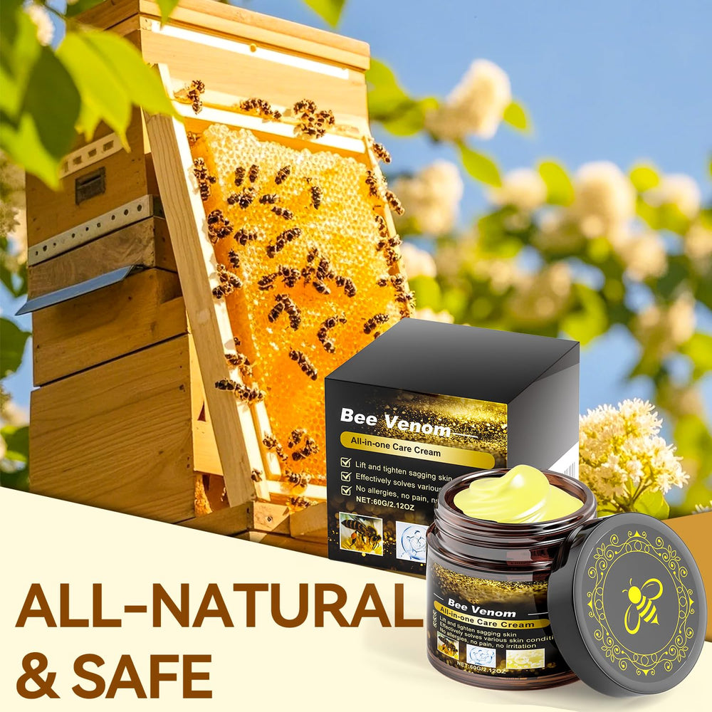 Product label highlights bee venom and Manuka honey as natural actives.