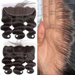 Caijuxing 13x4 body wave lace frontal with bangs for natural look and versatile styling.