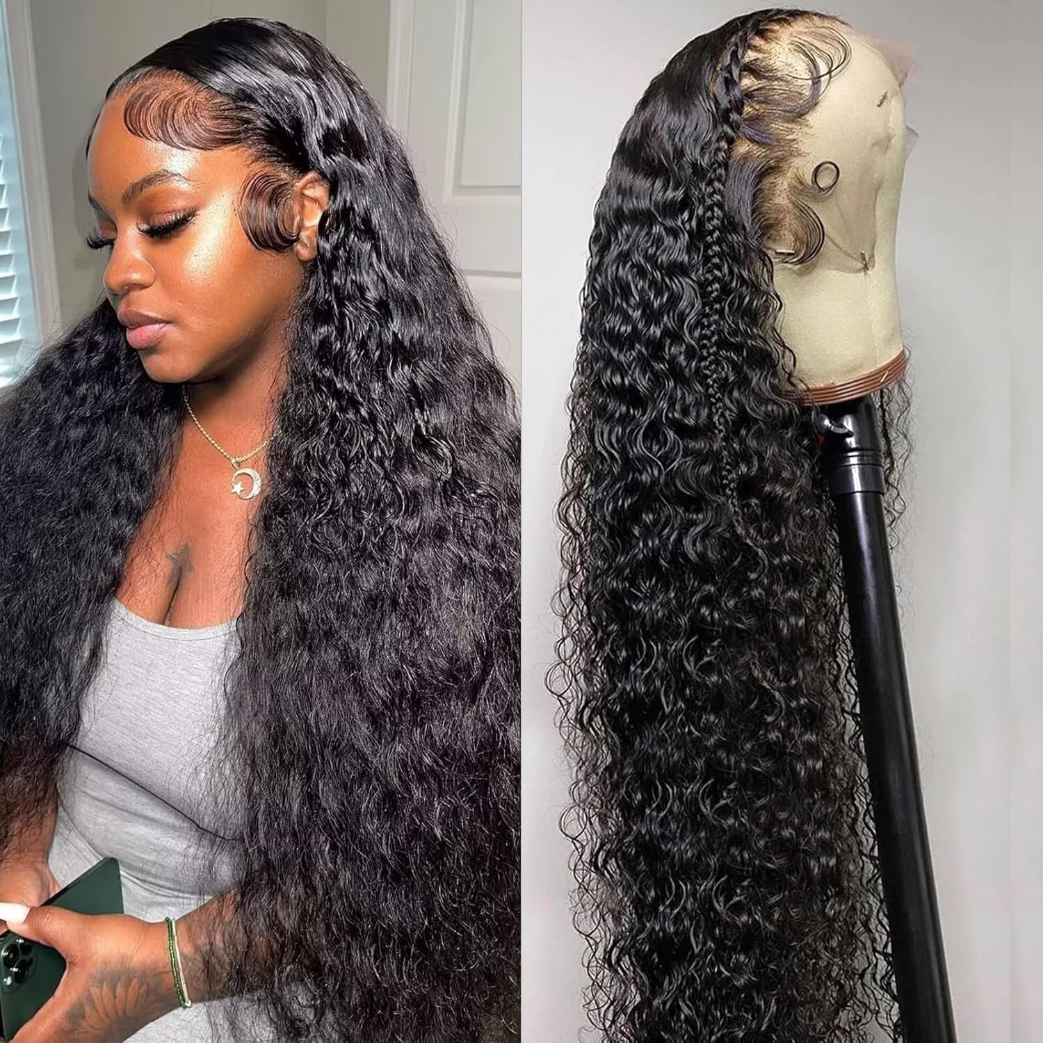 Caijuxing 34in water wave wig front view with natural hairline for seamless parting