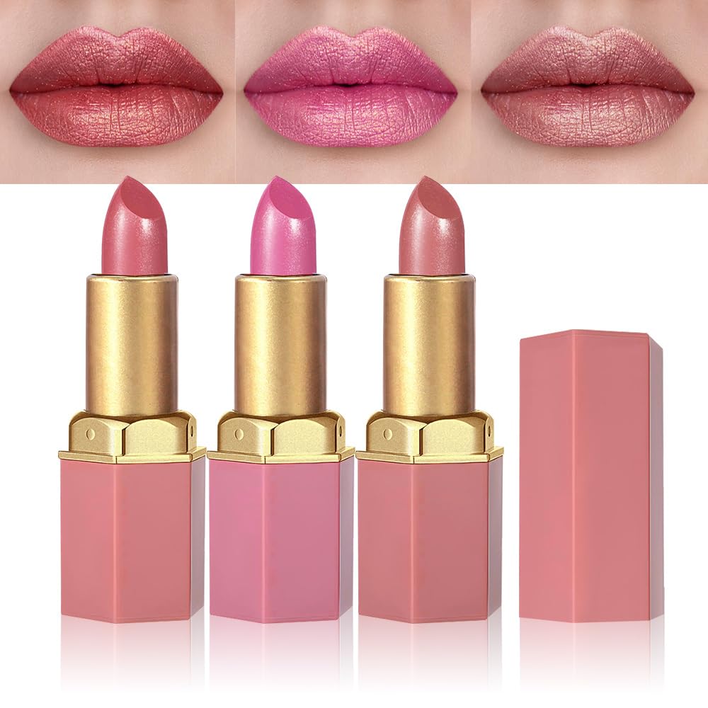 CAKAILA 3Pcs Nude Pink Metallic Lipstick Set with versatile nude to pink shades for daily wear.