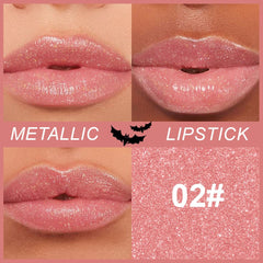 CAKAILA Peach Pink Metallic Lipstick close-up highlights fine sparkle on smooth texture