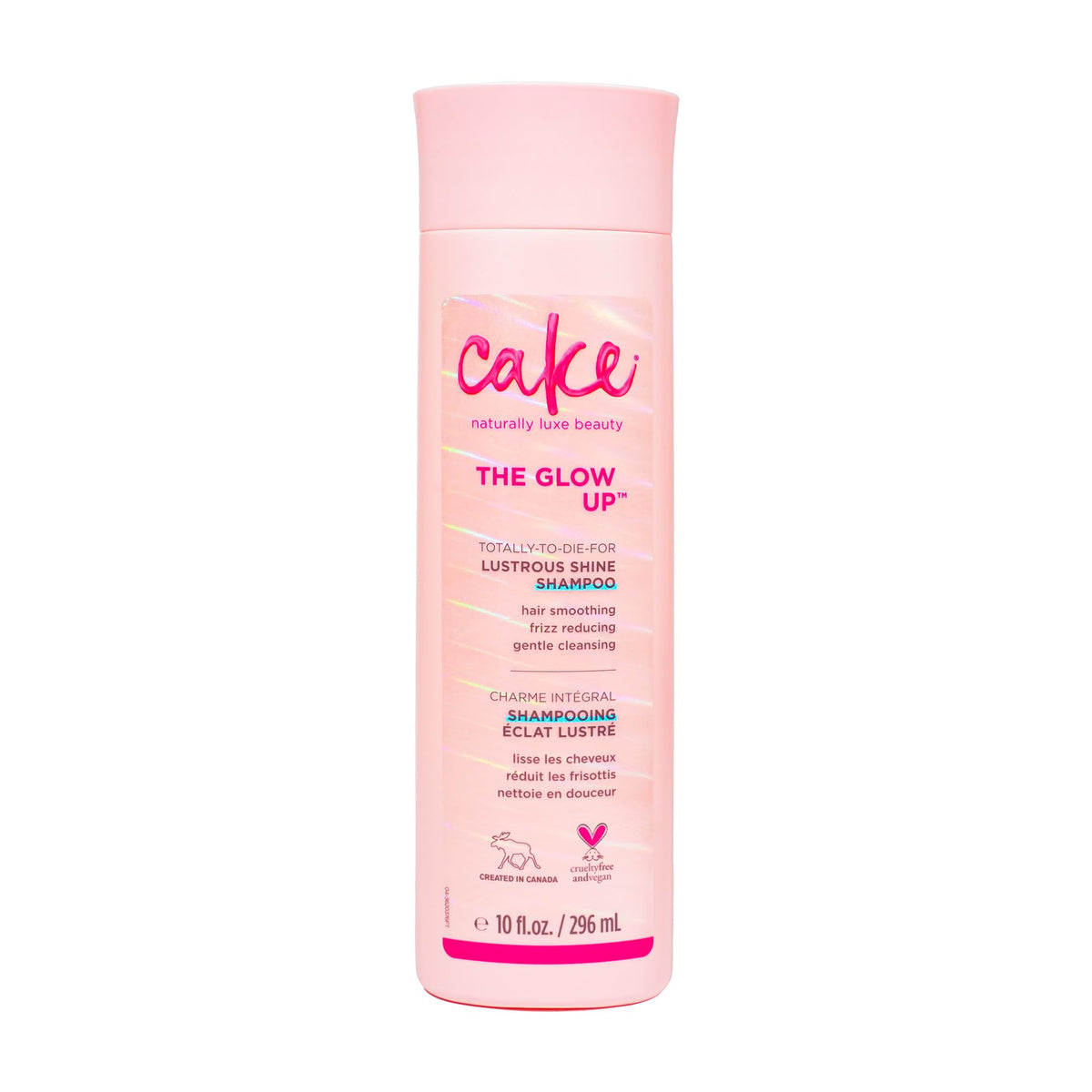 Cake Beauty Glow Up Shampoo bottle highlights radiant shine and frizz control.