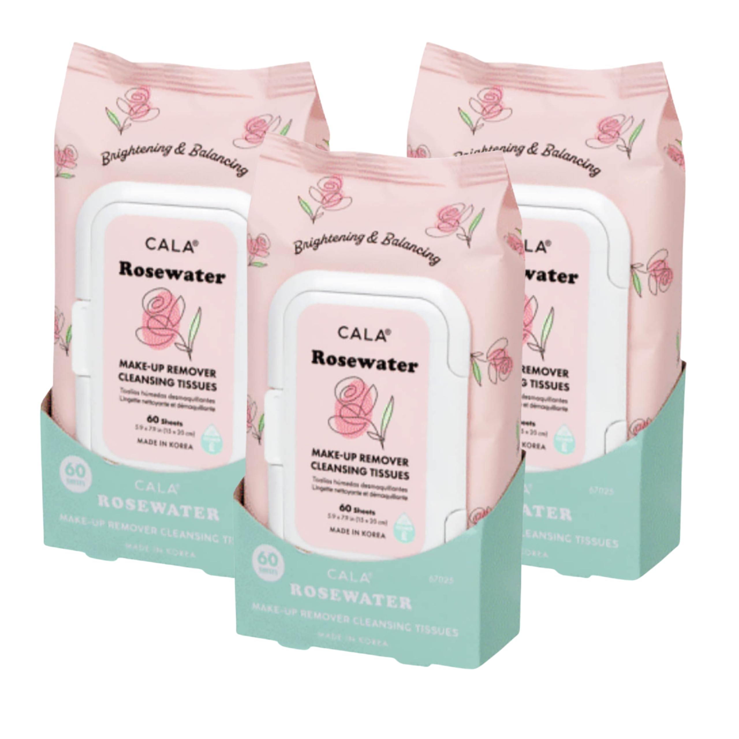 CALA makeup remover cleansing tissues with RoseWater for gentle, hydrating makeup removal.