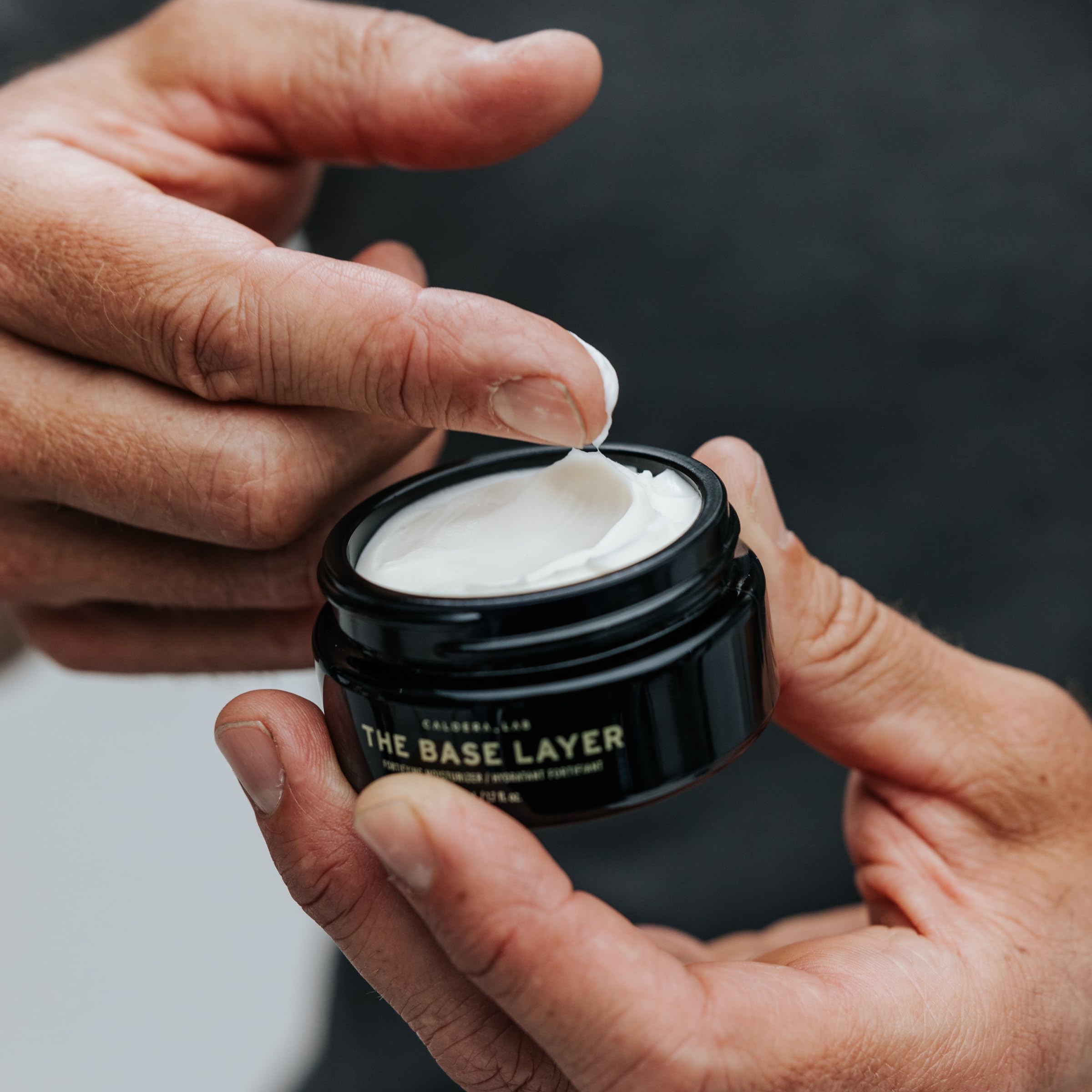 Caldera + Lab The Base Layer packaging highlights MADE SAFE certification and vegan, gluten-free ingredients.