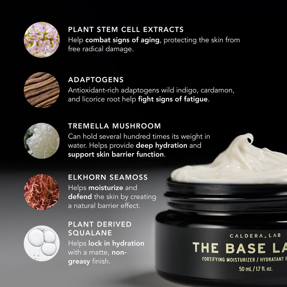 Caldera + Lab The Base Layer texture-swatch shows a silky, non-greasy finish.