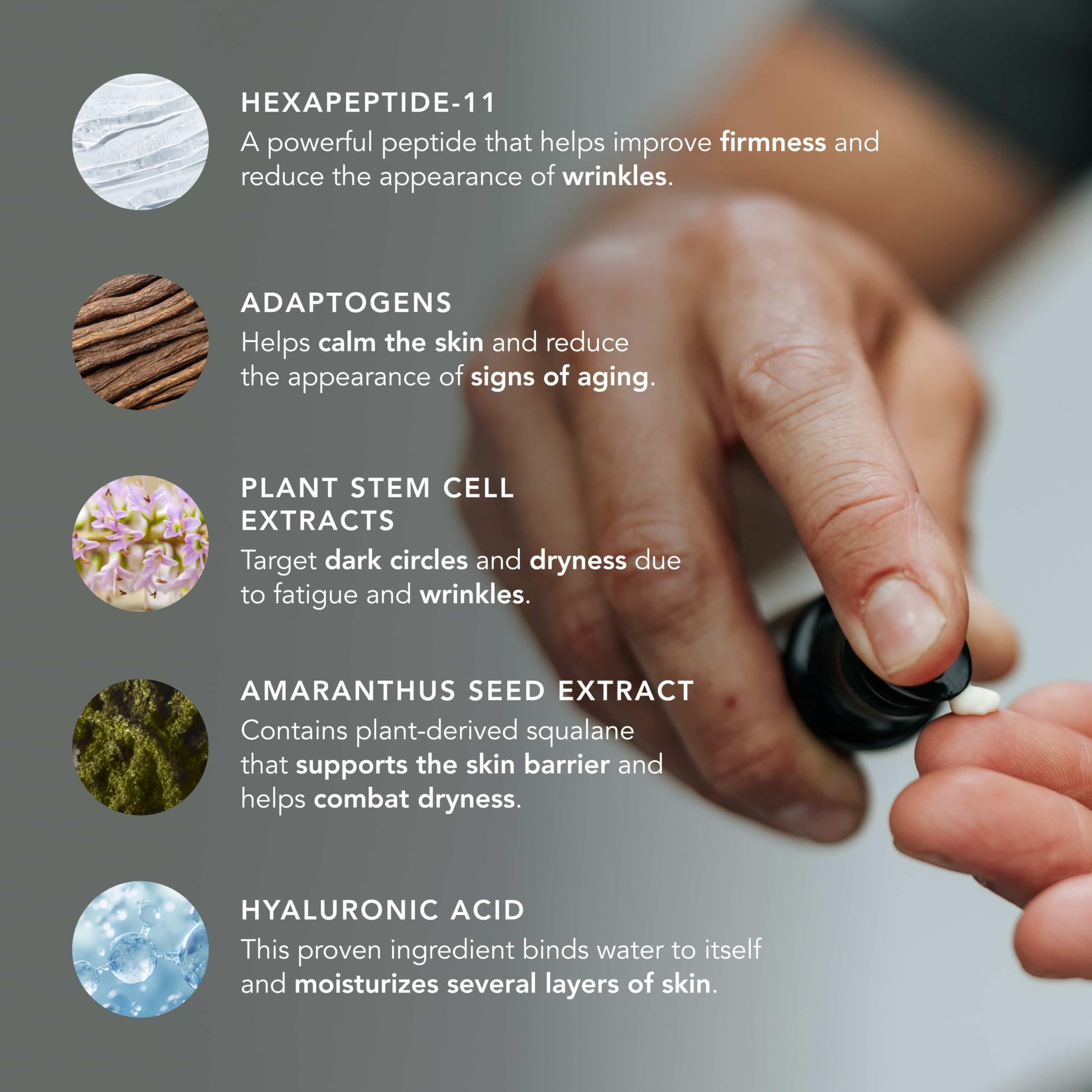 Caldera Lab The Eye Serum ingredient visuals highlighting plant stem cell extracts.