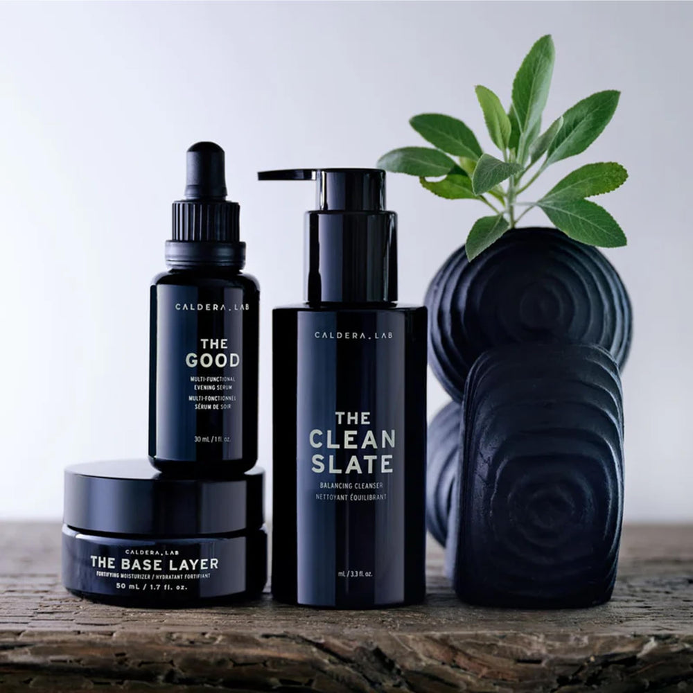 Caldera + Lab Regimen packaging display, an ideal gift-ready skincare set.