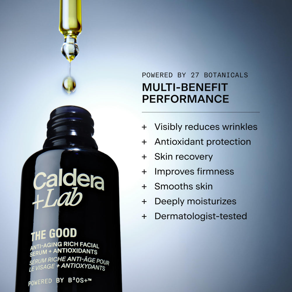 Caldera + Lab The Good bottle on a clean vanity highlighting plant-based ingredients.