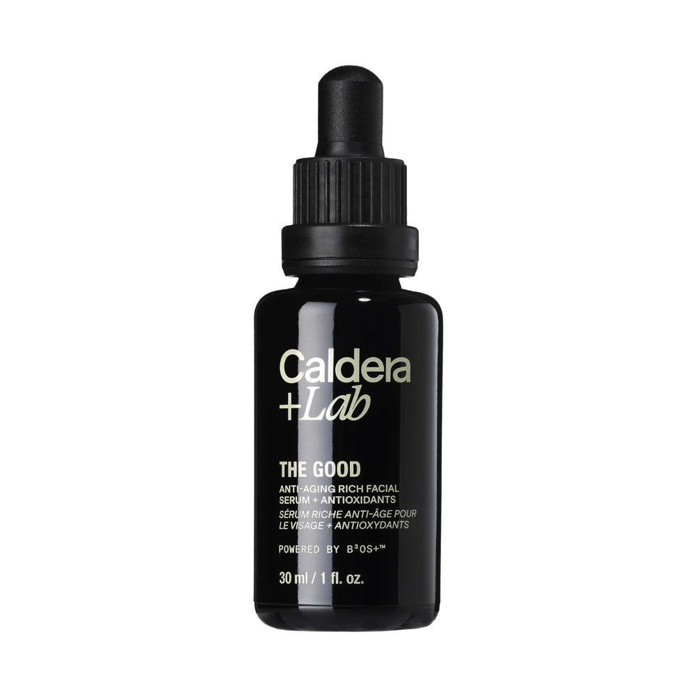 Caldera + Lab The Good serum bottle close-up highlighting lightweight hydration for daily use.