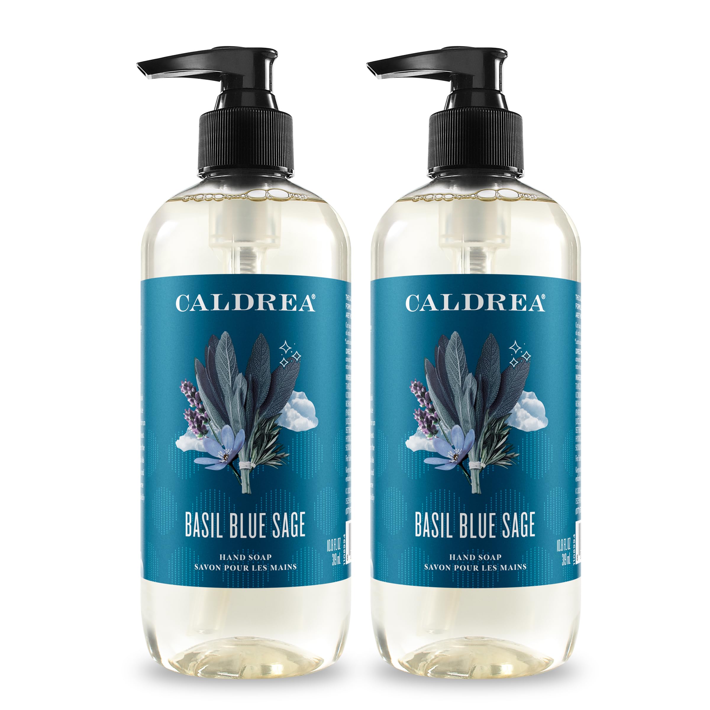Caldrea Basil Blue Sage hand wash bottle delivering clean, soft hands with a soothing scent.