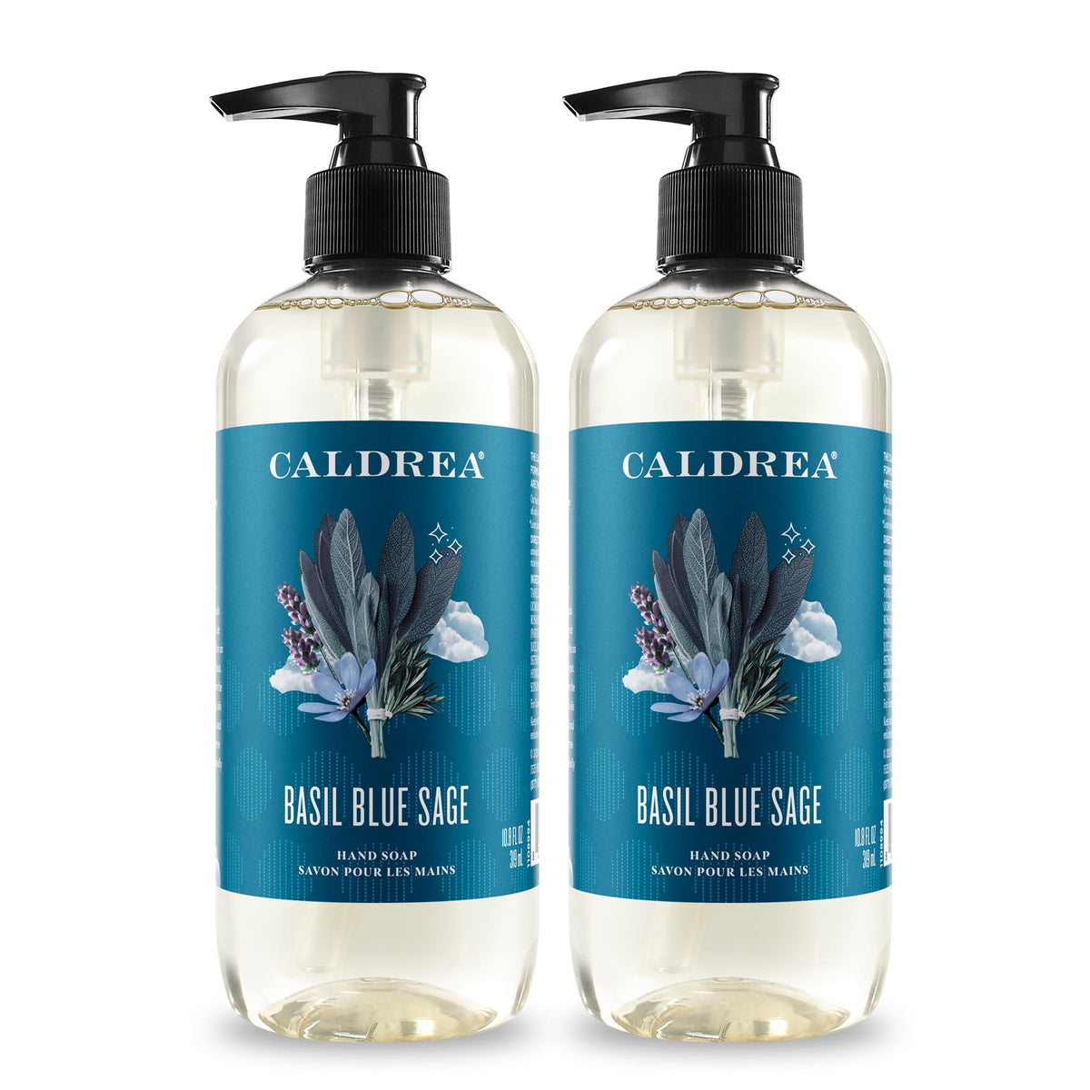 Caldrea Basil Blue Sage hand wash bottle delivering clean, soft hands with a soothing scent.