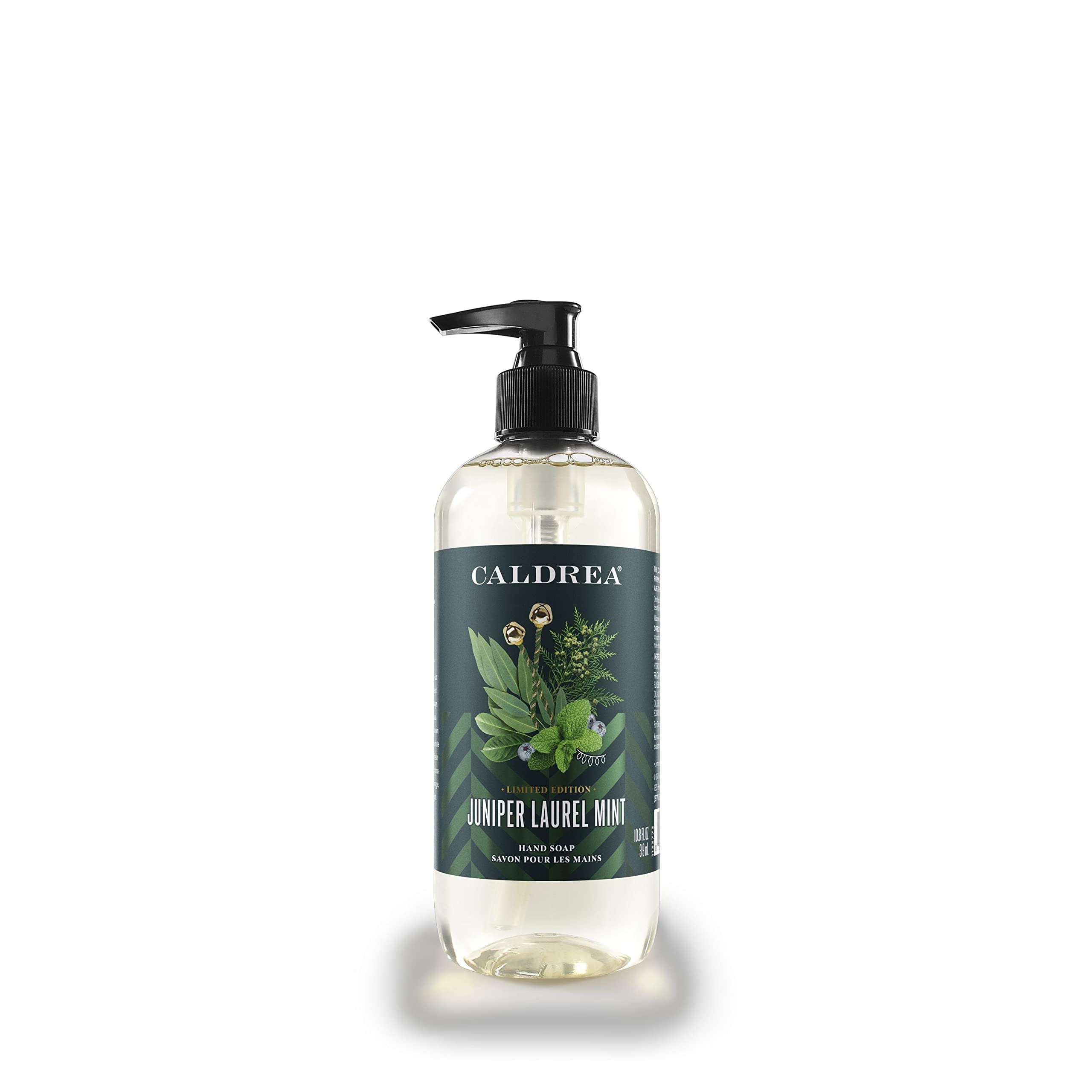 Caldrea hand soap bottle showing aloe, olive oil, and mint aroma for gentle cleansing.
