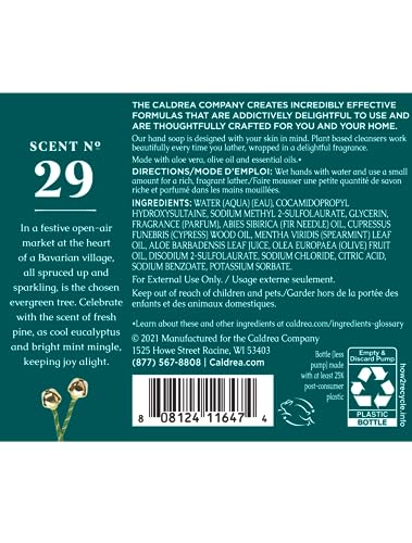 Caldrea label close-up highlighting juniper laurel mint scent and nourishing ingredients.