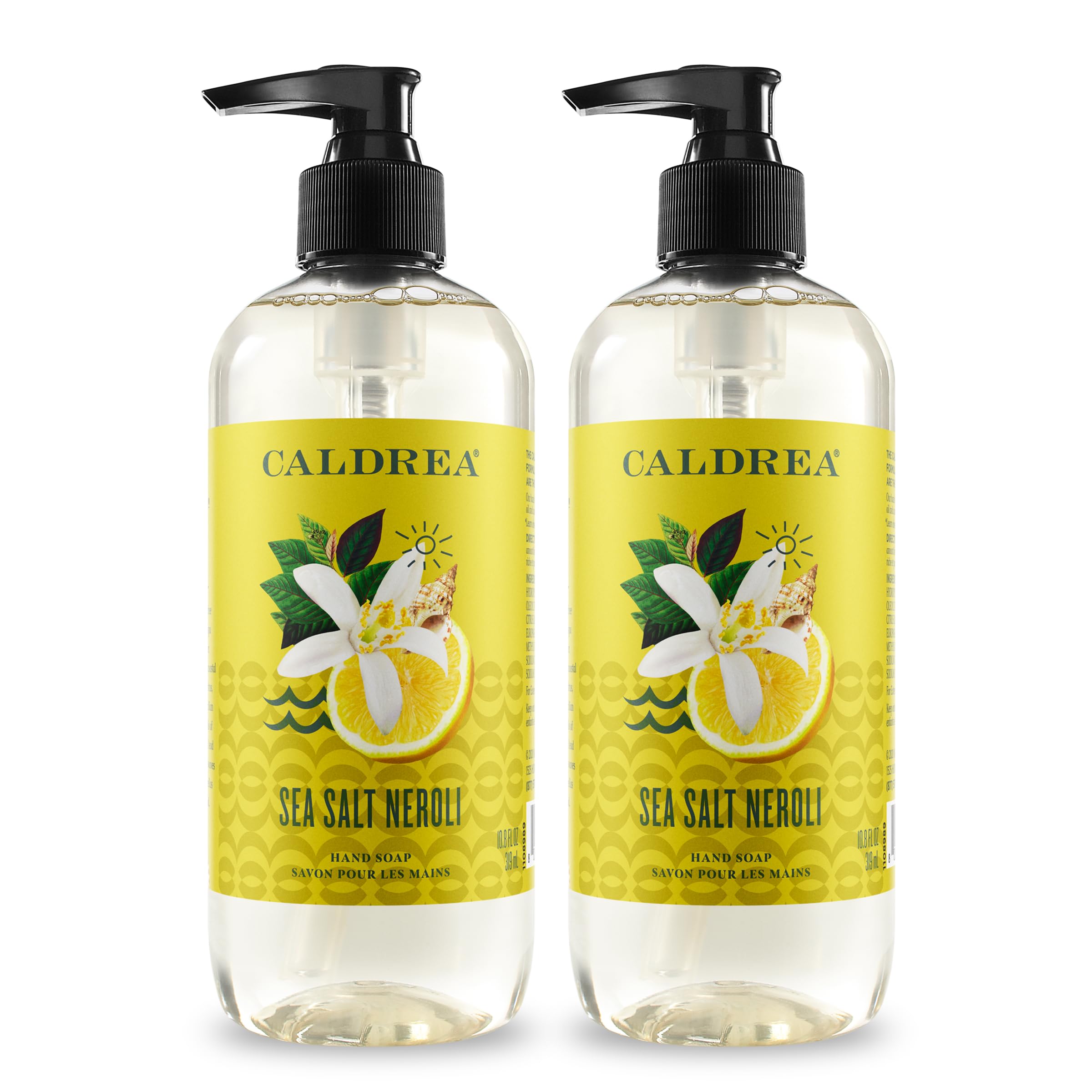 Caldrea Sea Salt Neroli hand soap bottle showcases refreshing scent and cleansing formula.