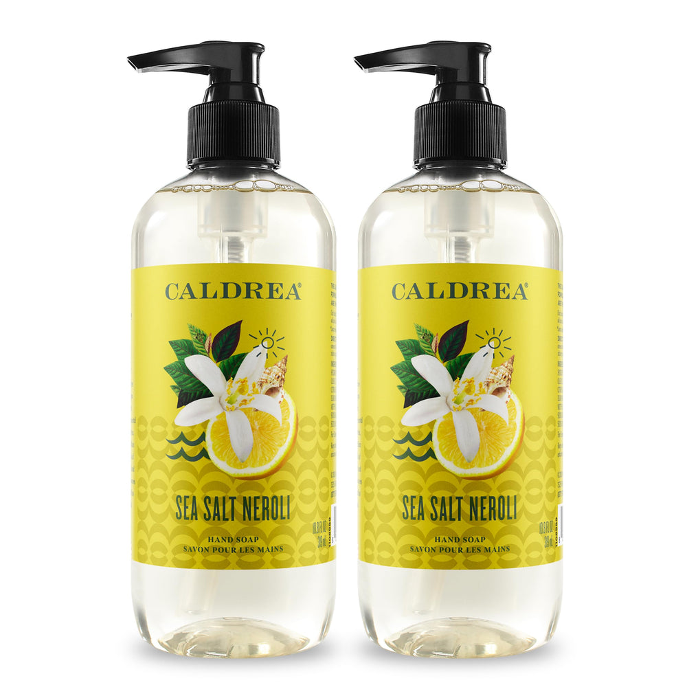 Caldrea Sea Salt Neroli hand soap bottle showcases refreshing scent and cleansing formula.