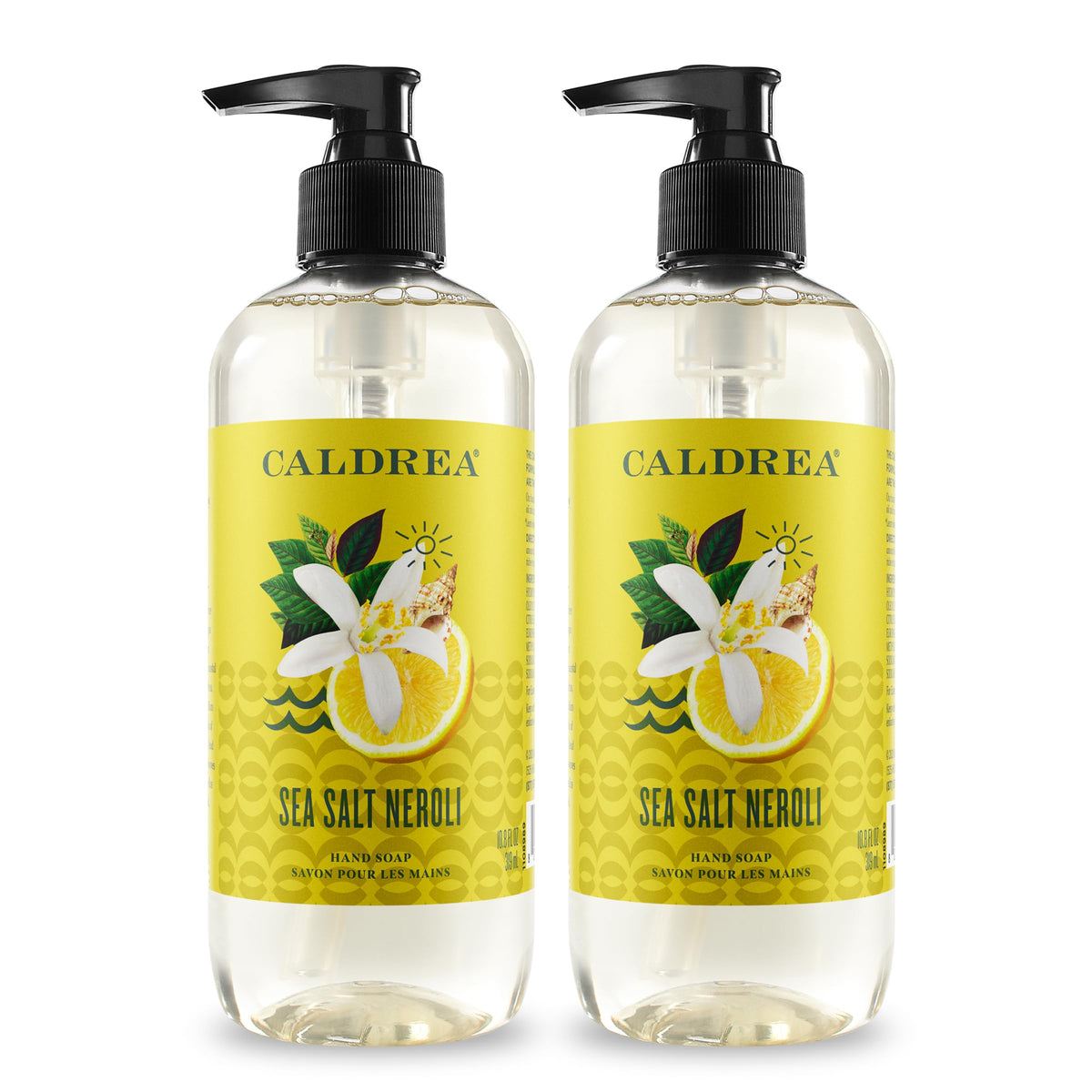 Caldrea Sea Salt Neroli hand soap bottle showcases refreshing scent and cleansing formula.