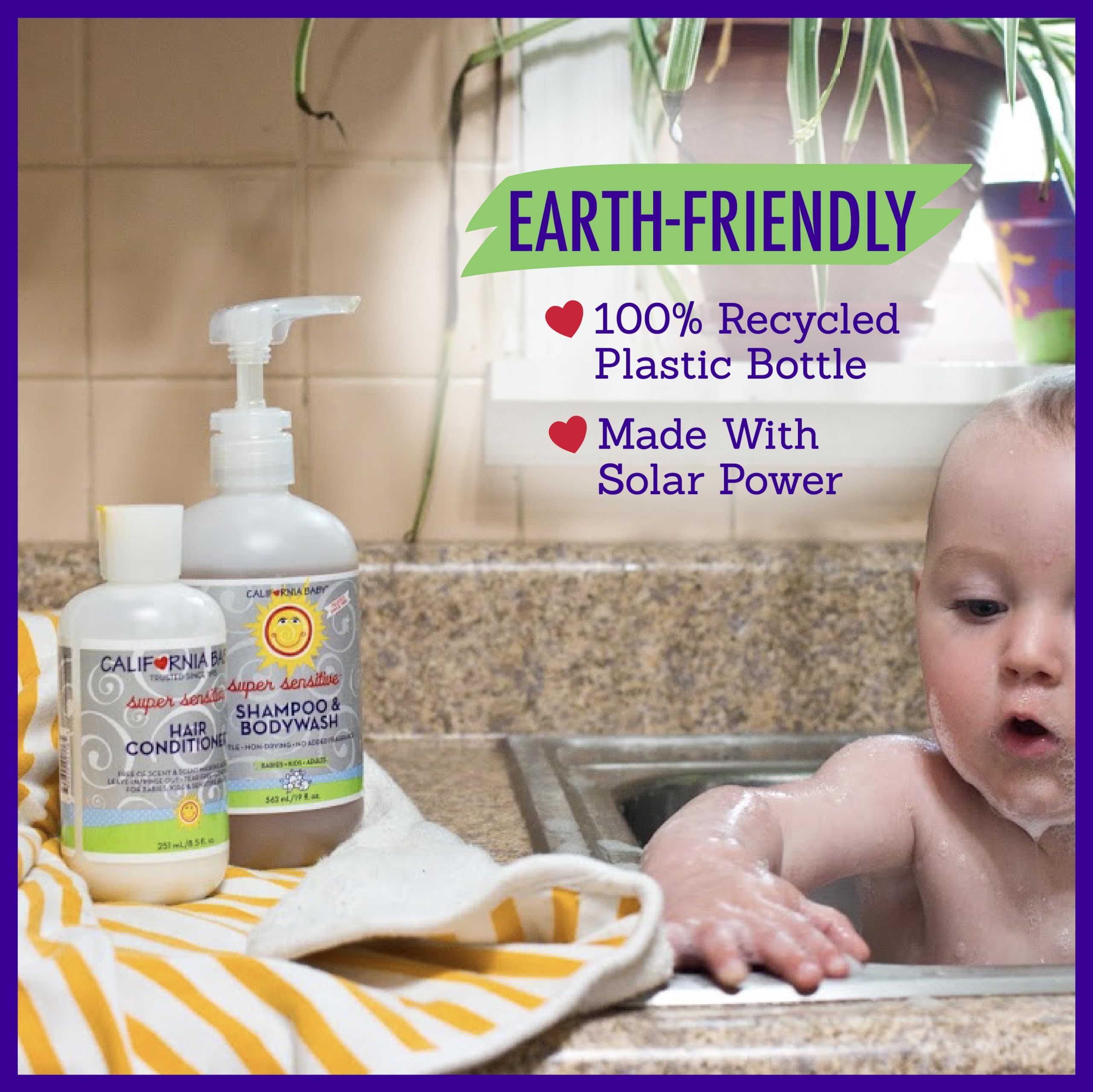 Bathroom scene with product ready for baby bath time routine.