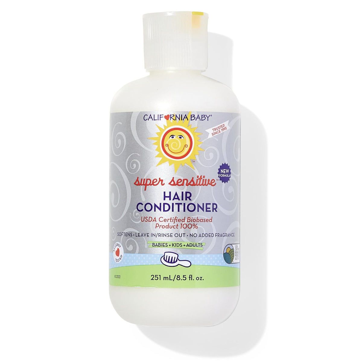 California Baby Super Sensitive Hair Conditioner bottle front, fragrance-free formula for sensitive skin.