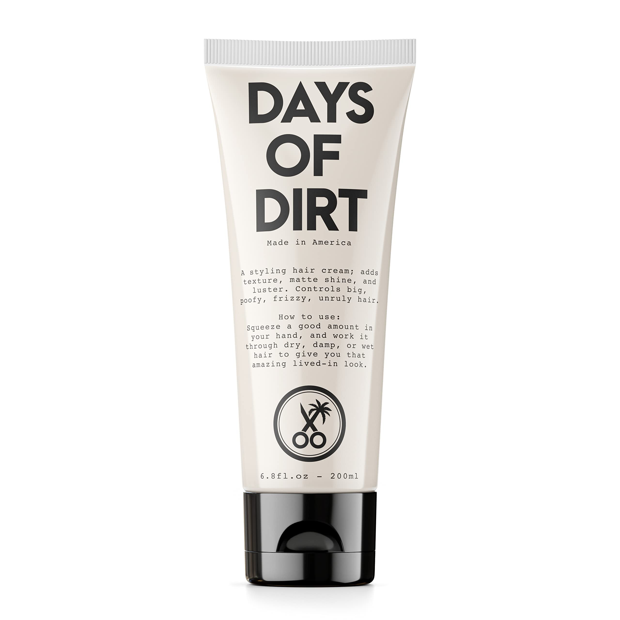 California Born Days of Dirt bottle close-up showing creamy texture for smooth, frizz-free hair.