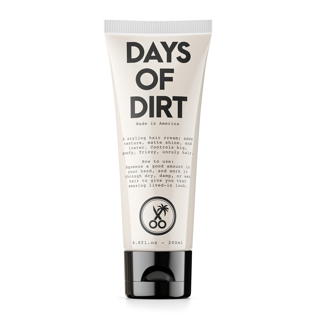 California Born Days of Dirt bottle close-up showing creamy texture for smooth, frizz-free hair.