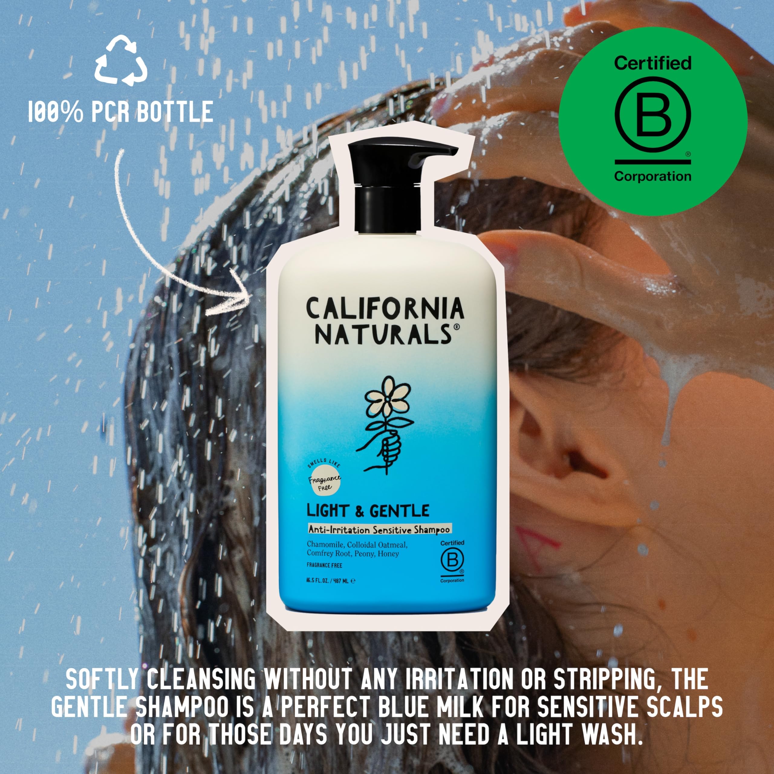 California Naturals Light & Gentle chamomile label close-up promotes calm scalp comfort.