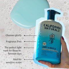 California Naturals Light & Gentle shampoo on sink with lather leaves hair soft after washing.