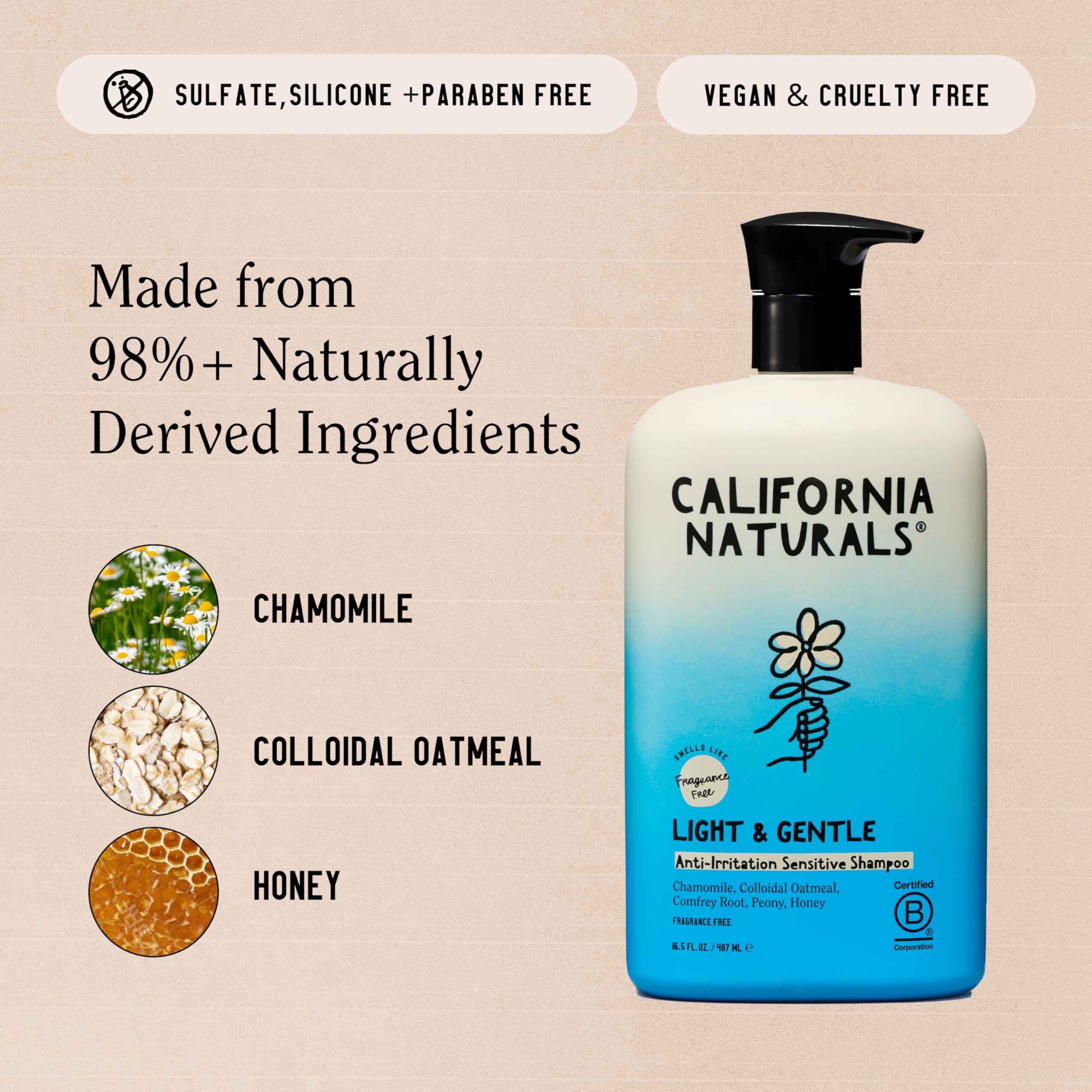 California Naturals Light & Gentle aloe vera ingredient label highlights soothing moisture for dry scalps.